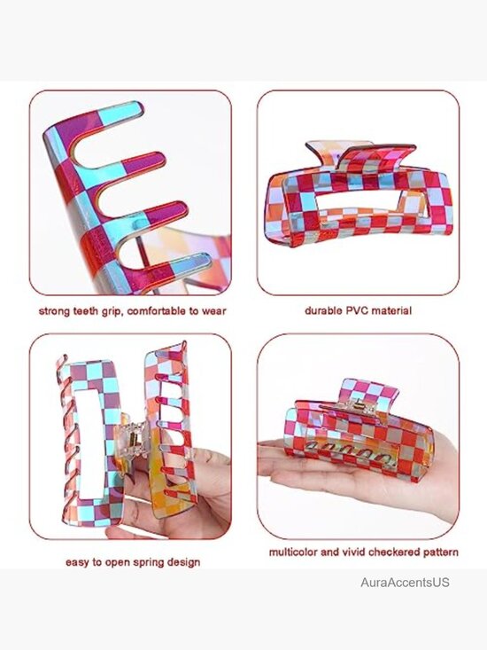 Checkered Hair Claw Clips for Thin Thick Hair Acrylic Strong Hold 6 Pack main image 5